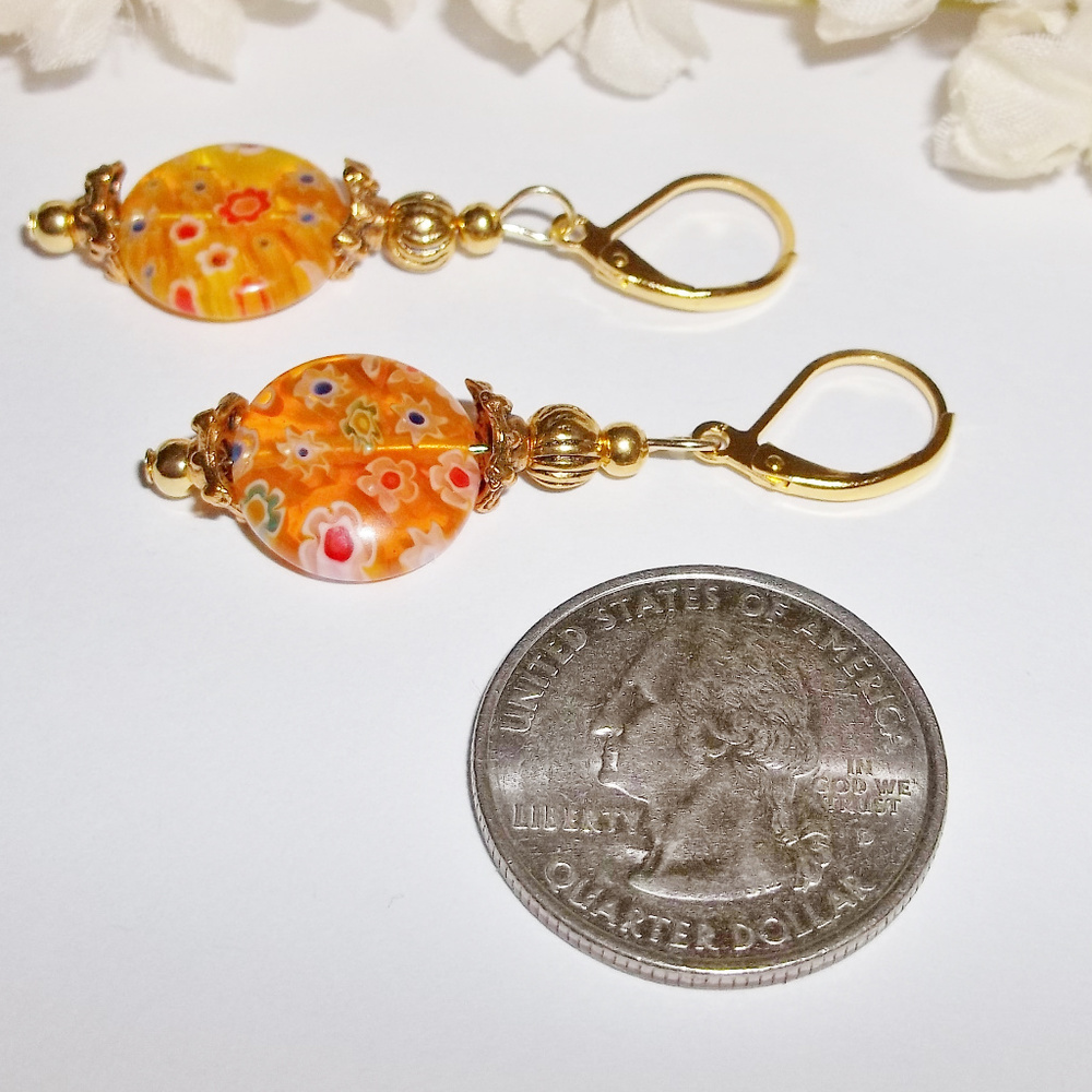 Yellow & Gold Earrings Flower Floral Dangle 4317 - Picture 4 of 6
